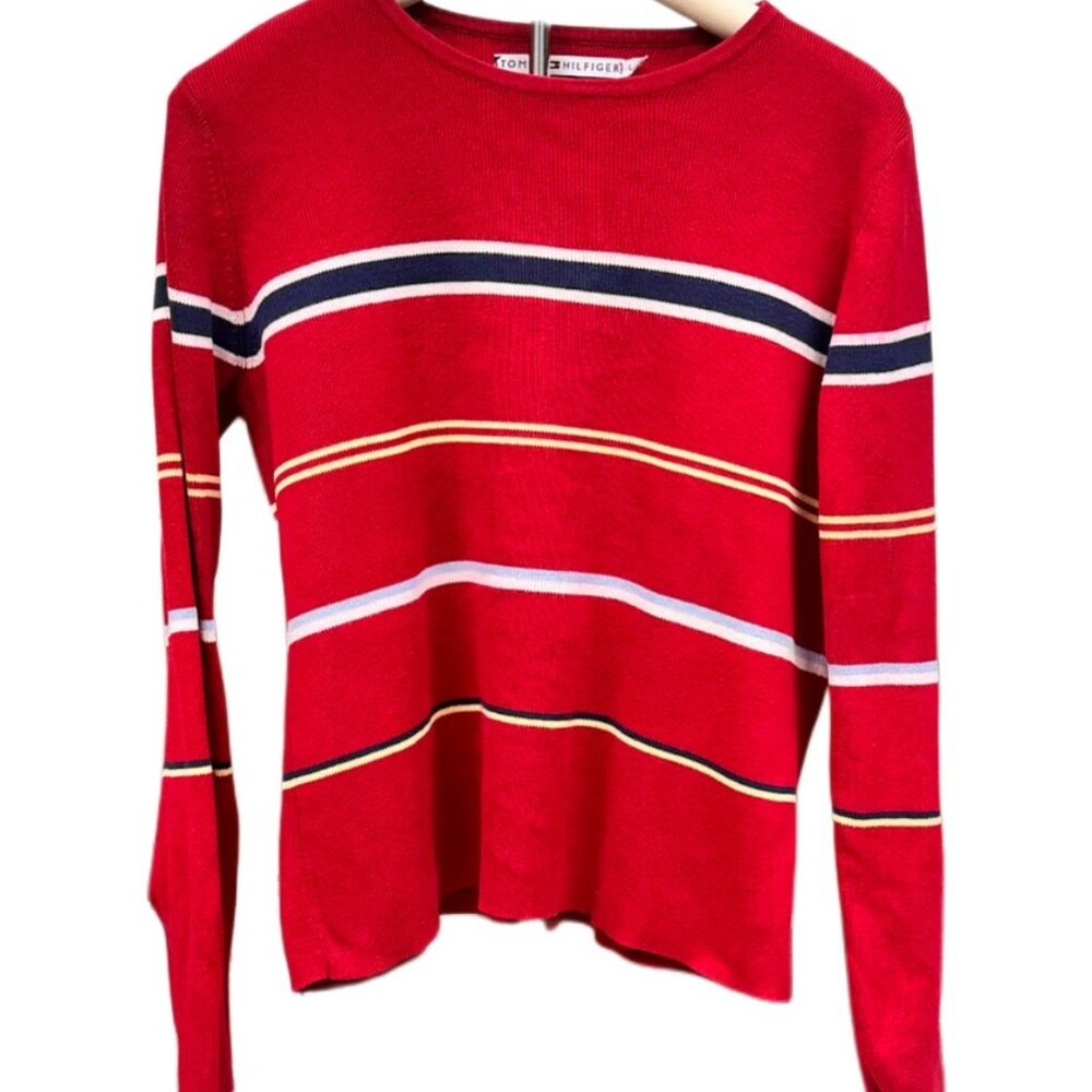 Tommy Hilfiger Vintage Red Striped Knit Sweater Preppy Long Sleeve Top Large NEW